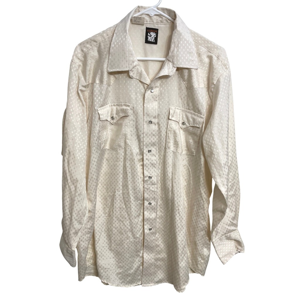 Vintage 70s Karman Western Pearl Snap Shirt XL Cream Jacquard Cowboy Country